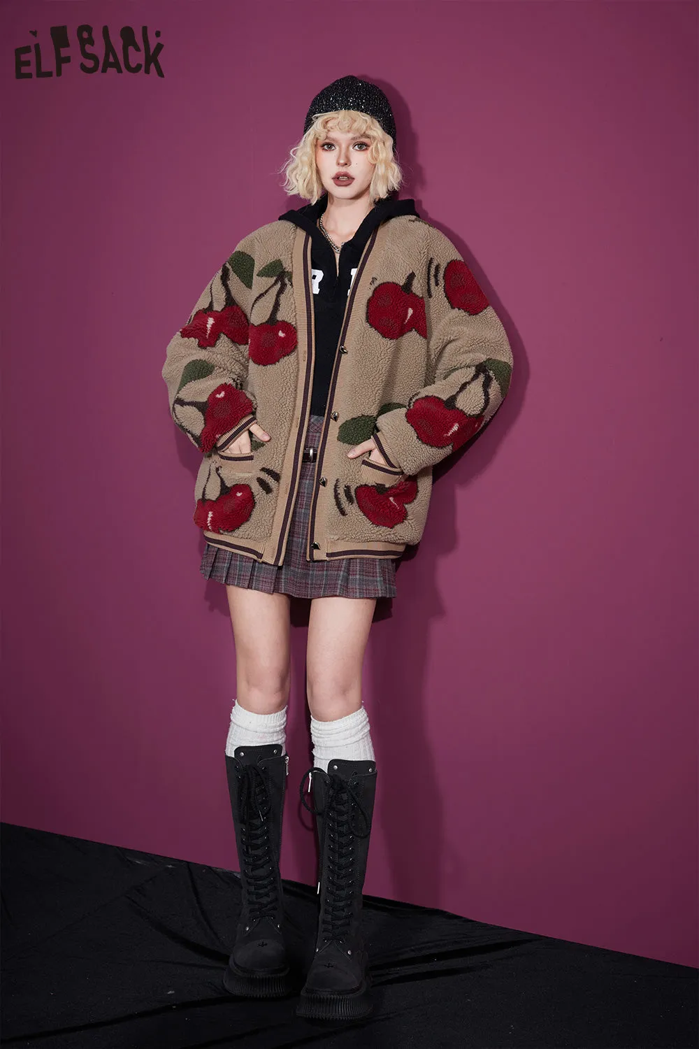 ELFSACK Kawaii Cherry Thicken Cotton Jackets Women 2023 Winter New Korean Fashion Outwears
