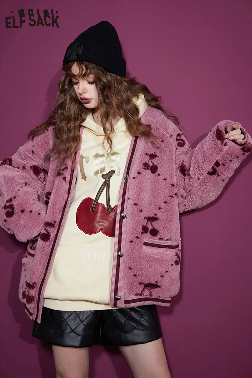 ELFSACK Kawaii Cherry Thicken Cotton Jackets Women 2023 Winter New Korean Fashion Outwears