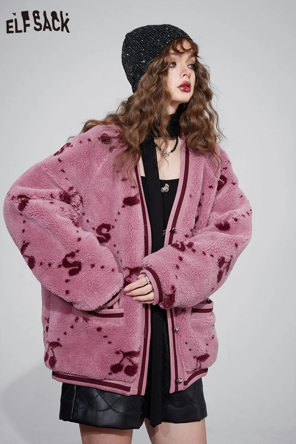 ELFSACK Kawaii Cherry Thicken Cotton Jackets Women 2023 Winter New Korean Fashion Outwears