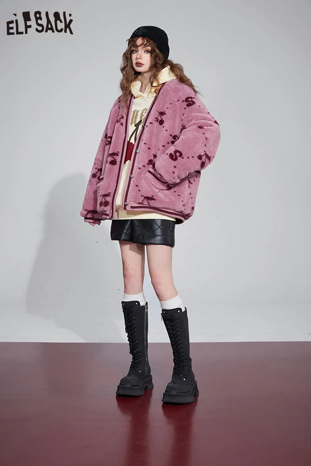 ELFSACK Kawaii Cherry Thicken Cotton Jackets Women 2023 Winter New Korean Fashion Outwears