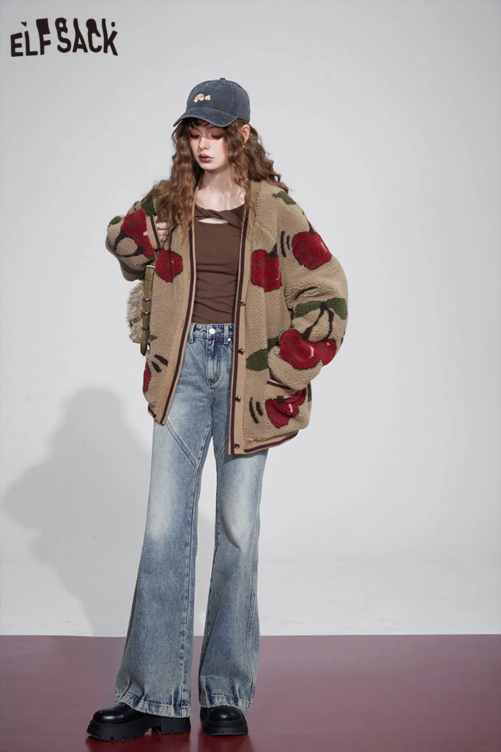 ELFSACK Kawaii Cherry Thicken Cotton Jackets Women 2023 Winter New Korean Fashion Outwears