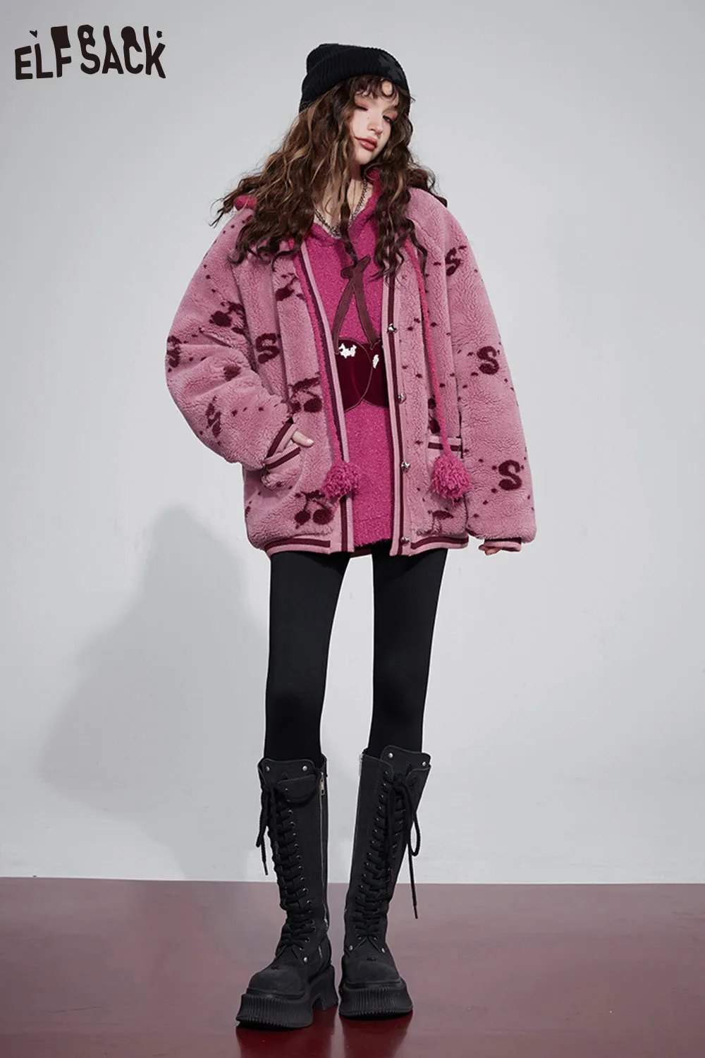 ELFSACK Kawaii Cherry Thicken Cotton Jackets Women 2023 Winter New Korean Fashion Outwears