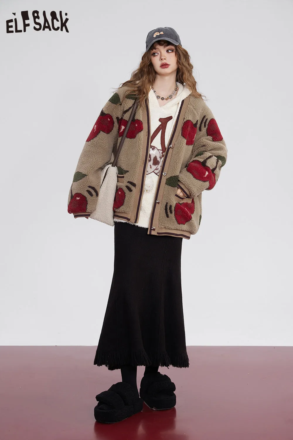 ELFSACK Kawaii Cherry Thicken Cotton Jackets Women 2023 Winter New Korean Fashion Outwears