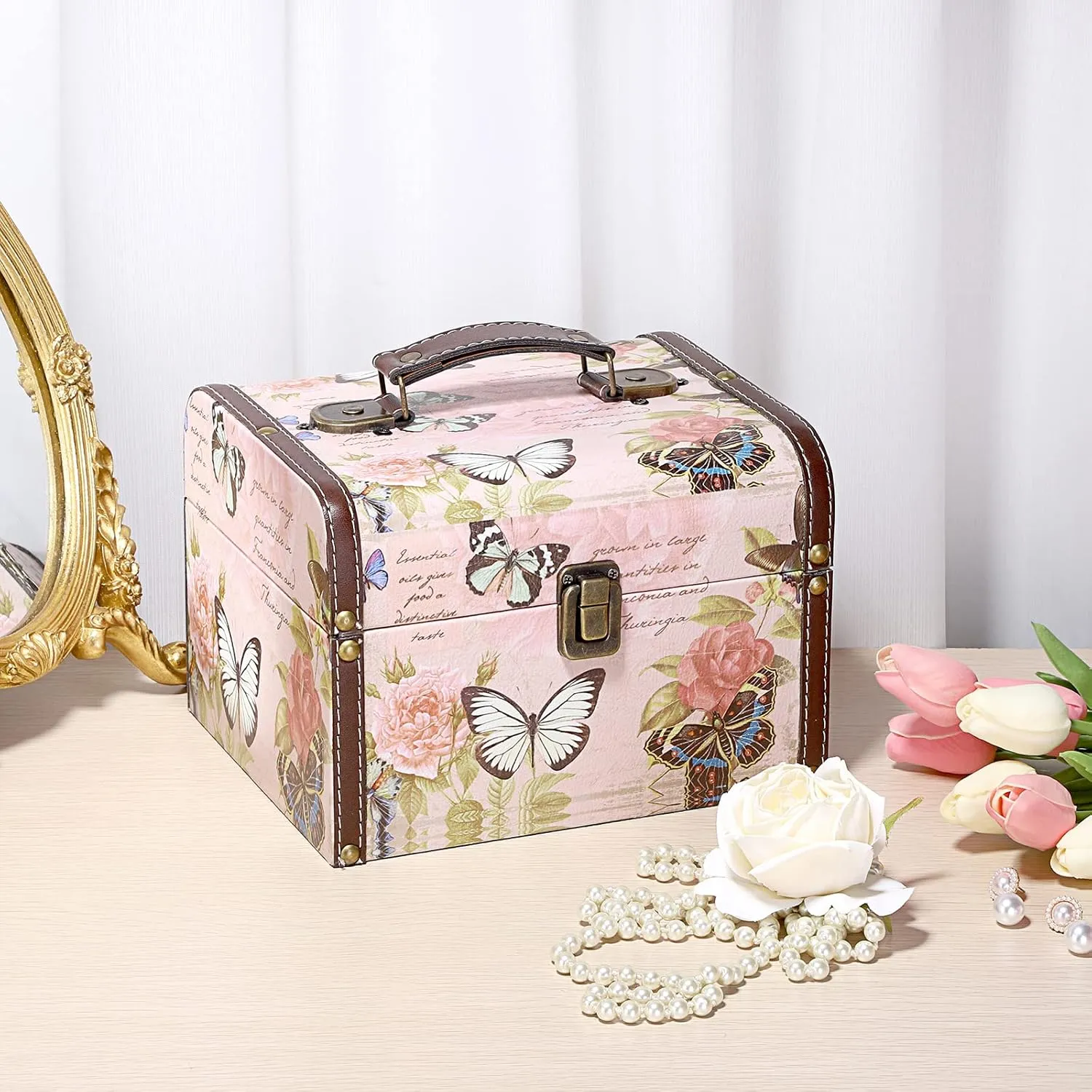 ELLDOO Decorative Treasure Chest Box, Wooden   PU Leather Storage Box for Jewelry Trinkets, Keepsakes box for Girls Women Gifts (Butterfly Pattern, Large)