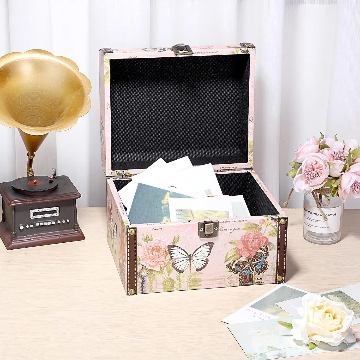ELLDOO Decorative Treasure Chest Box, Wooden   PU Leather Storage Box for Jewelry Trinkets, Keepsakes box for Girls Women Gifts (Butterfly Pattern, Large)