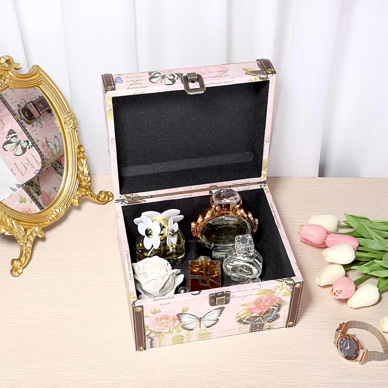 ELLDOO Decorative Treasure Chest Box, Wooden   PU Leather Storage Box for Jewelry Trinkets, Keepsakes box for Girls Women Gifts (Butterfly Pattern, Large)
