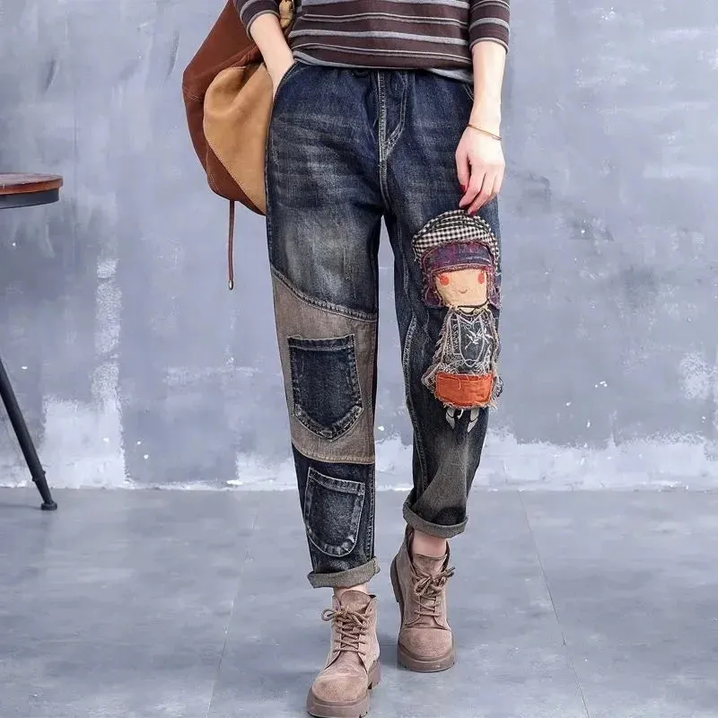 Embroidery Ankle-Length Baggy Jeans Elastic High Waist Harem Pants