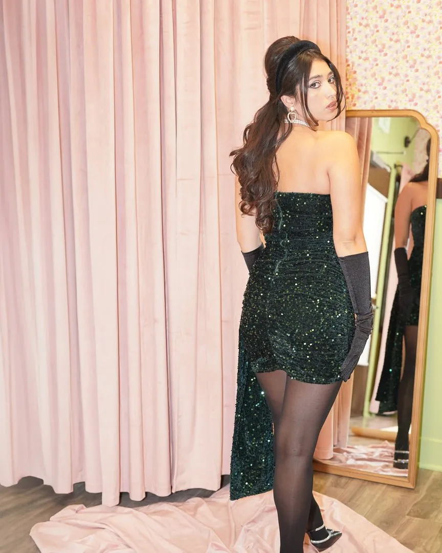 Emerald Green Strapless Velvet Sequin Bodycon Mini Dress