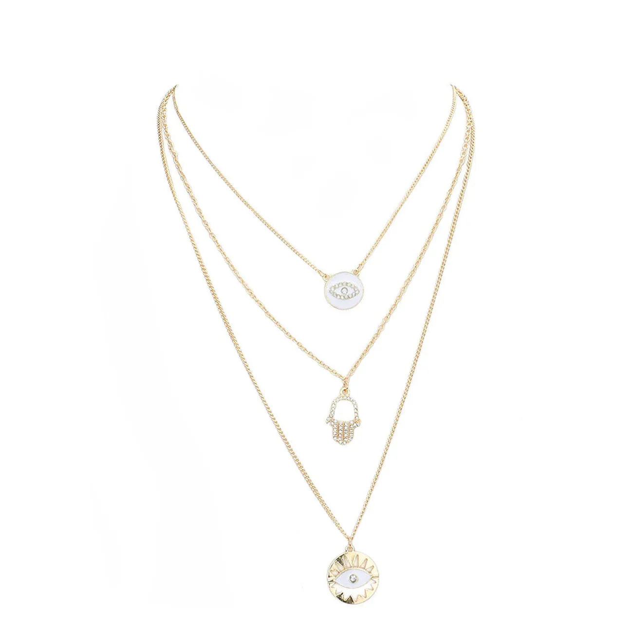Enamel Rhinestone Evil Eye Hamsa Charm Triple Layer Necklace by Madeline Love