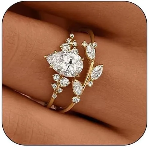 Engagement Rings for Women Non Tarnish Gold Wedding Ring Set for Women 14K Gold Plated Fake Engagement Ring Dainty Gold Stackable Rings Jewelry Gifts