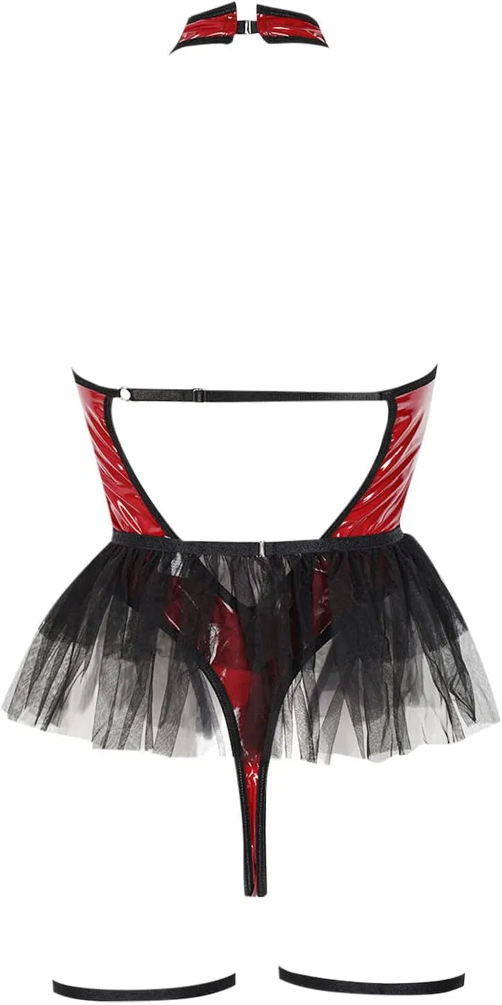 Erotic Lingerie for Women Sexy Costumes Lace Up Leather Bondage Backless Choker Mini Skirt Bodysuit with Garter Belt