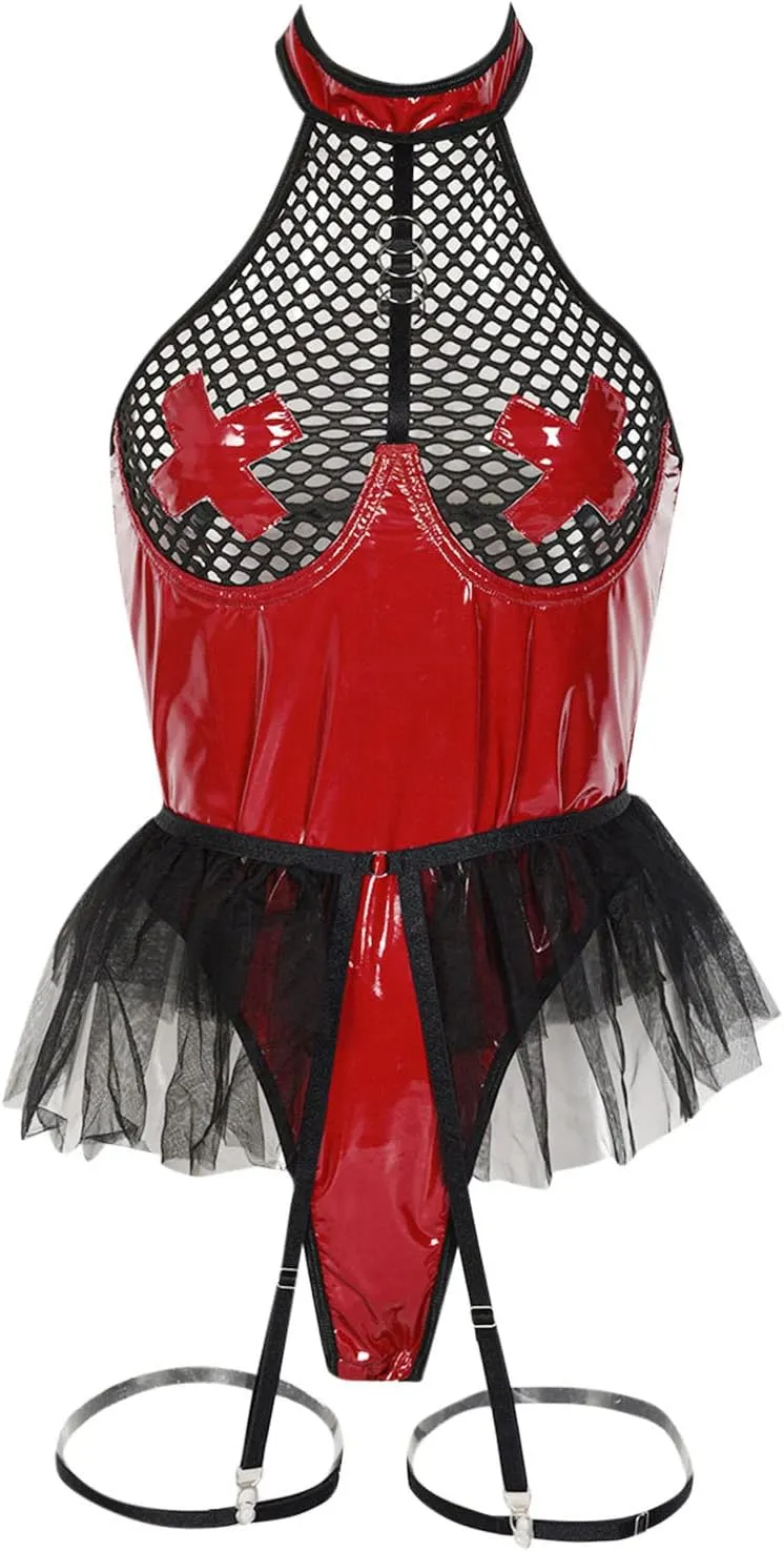 Erotic Lingerie for Women Sexy Costumes Lace Up Leather Bondage Backless Choker Mini Skirt Bodysuit with Garter Belt
