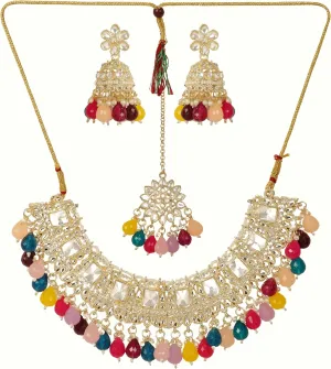 Ethnic Statement Indian Traditional Wedding Bridal Statement Gold Pearl Kundan Choker Necklace Earrings Jewelry Set (PURPLE)