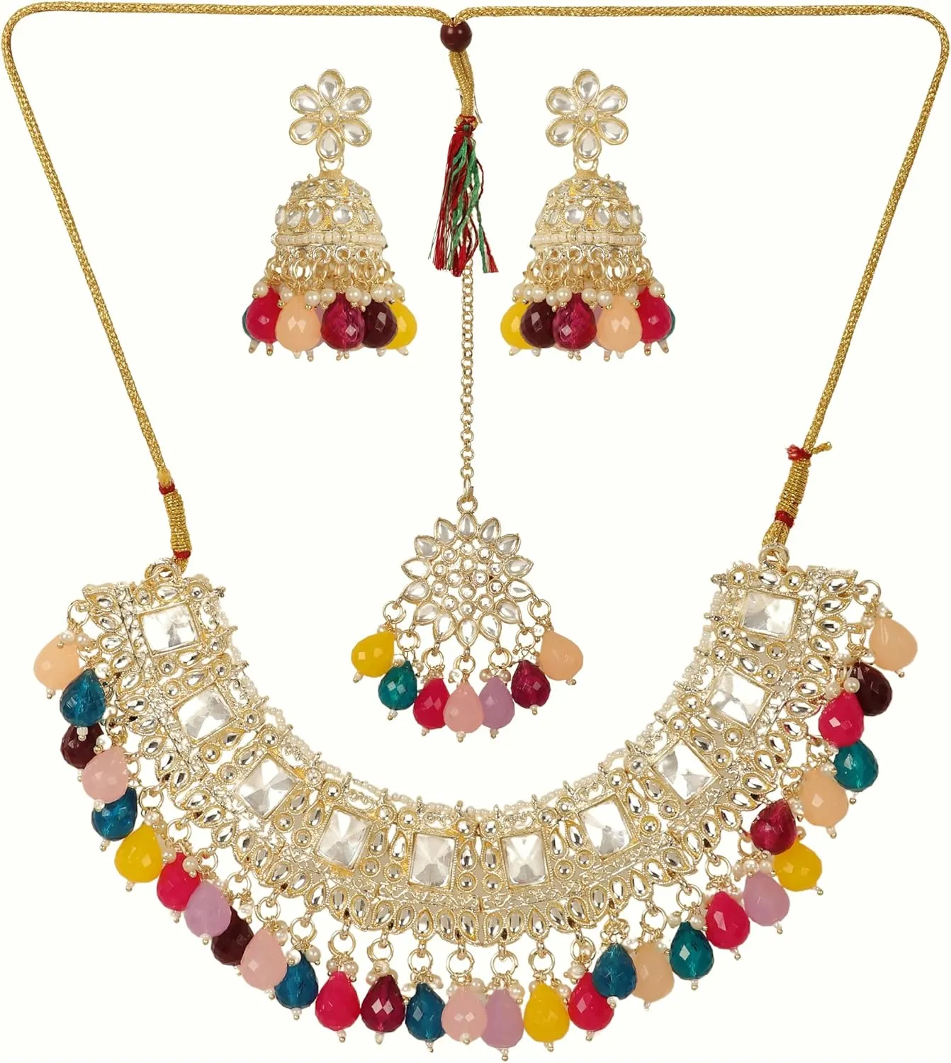 Ethnic Statement Indian Traditional Wedding Bridal Statement Gold Pearl Kundan Choker Necklace Earrings Jewelry Set (PURPLE)