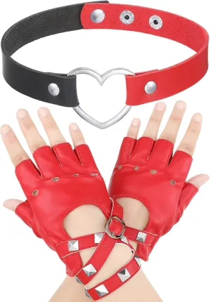 Eurzom 2 Pieces Love Heart Choker Fingerless Faux Leather Gloves Set Includes Red Fingerless Gloves Red Black Punk Necklace for Women Halloween Party Costume