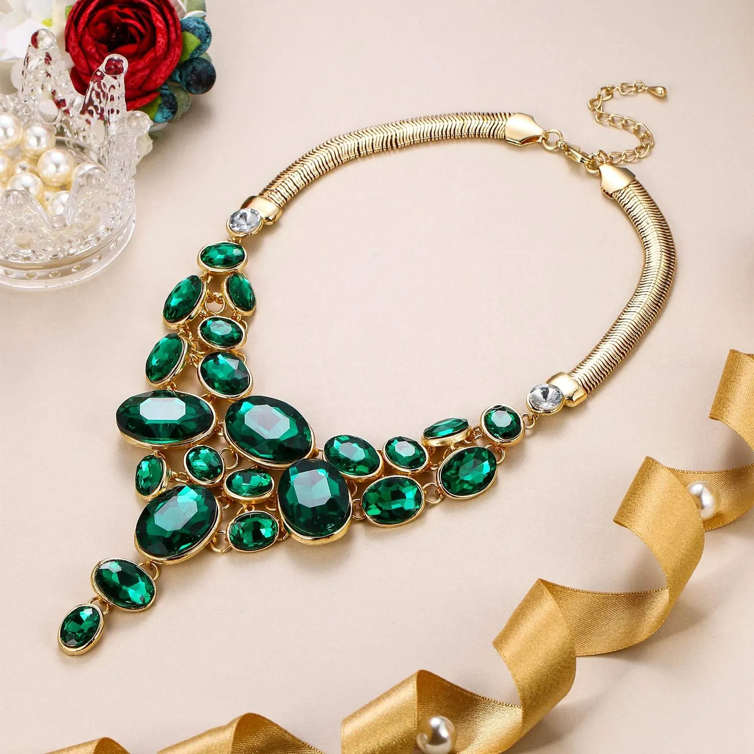 EVER FAITH Art Deco Chunky Oval Rhinestone Crystal Bib Statement Necklace