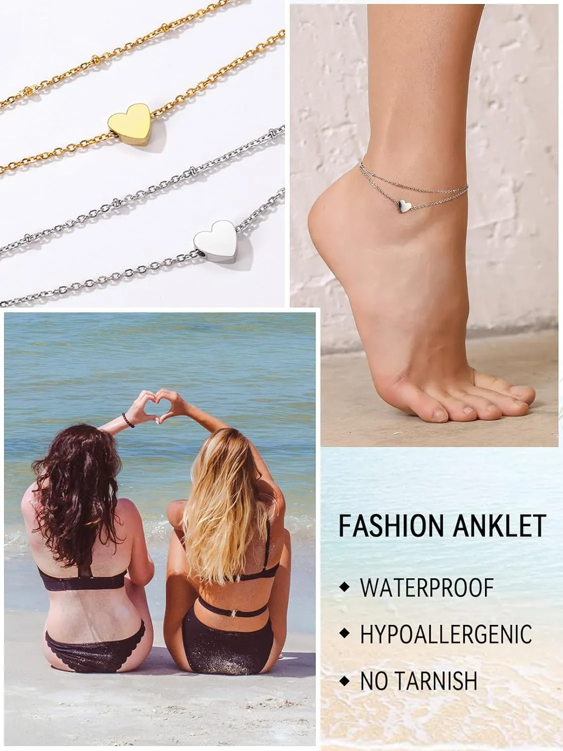 FaithHeart Ankle Bracelets for Women Silver Anklets for Women Waterproof Stainless Steel Miami Cuban Link/Beaded/Figaro Anklets Adjustable Length Summer Beach Foot Jewelry with Gift Box