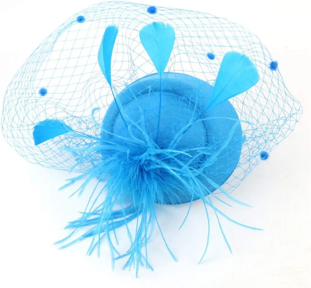 Fascinator for Women Tea Party Derby Hat Vintage Mesh Feathers Flower Wedding Hair Clip Pillbox Headpieces