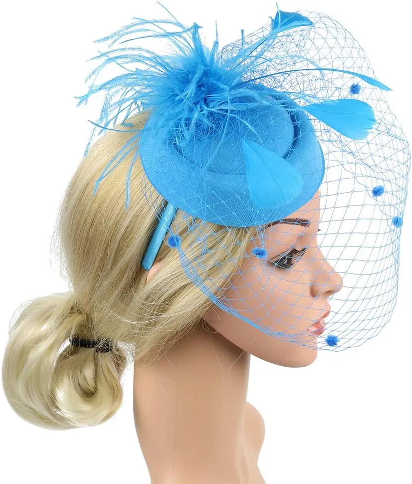 Fascinator for Women Tea Party Derby Hat Vintage Mesh Feathers Flower Wedding Hair Clip Pillbox Headpieces