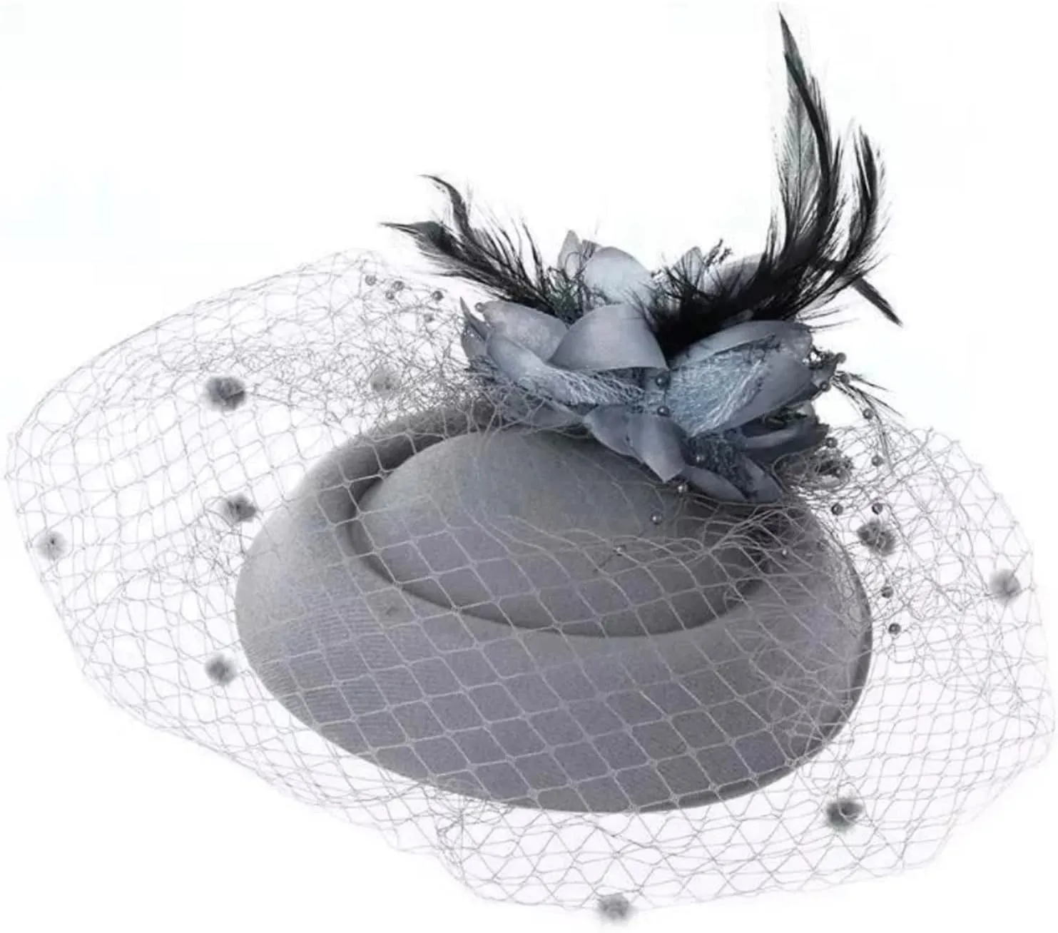 Fascinator Hat Flower Mesh Face Veil Feather Hair Clip for Women Tea Party Wedding Pillbox Headwear and Short Satin Gloves