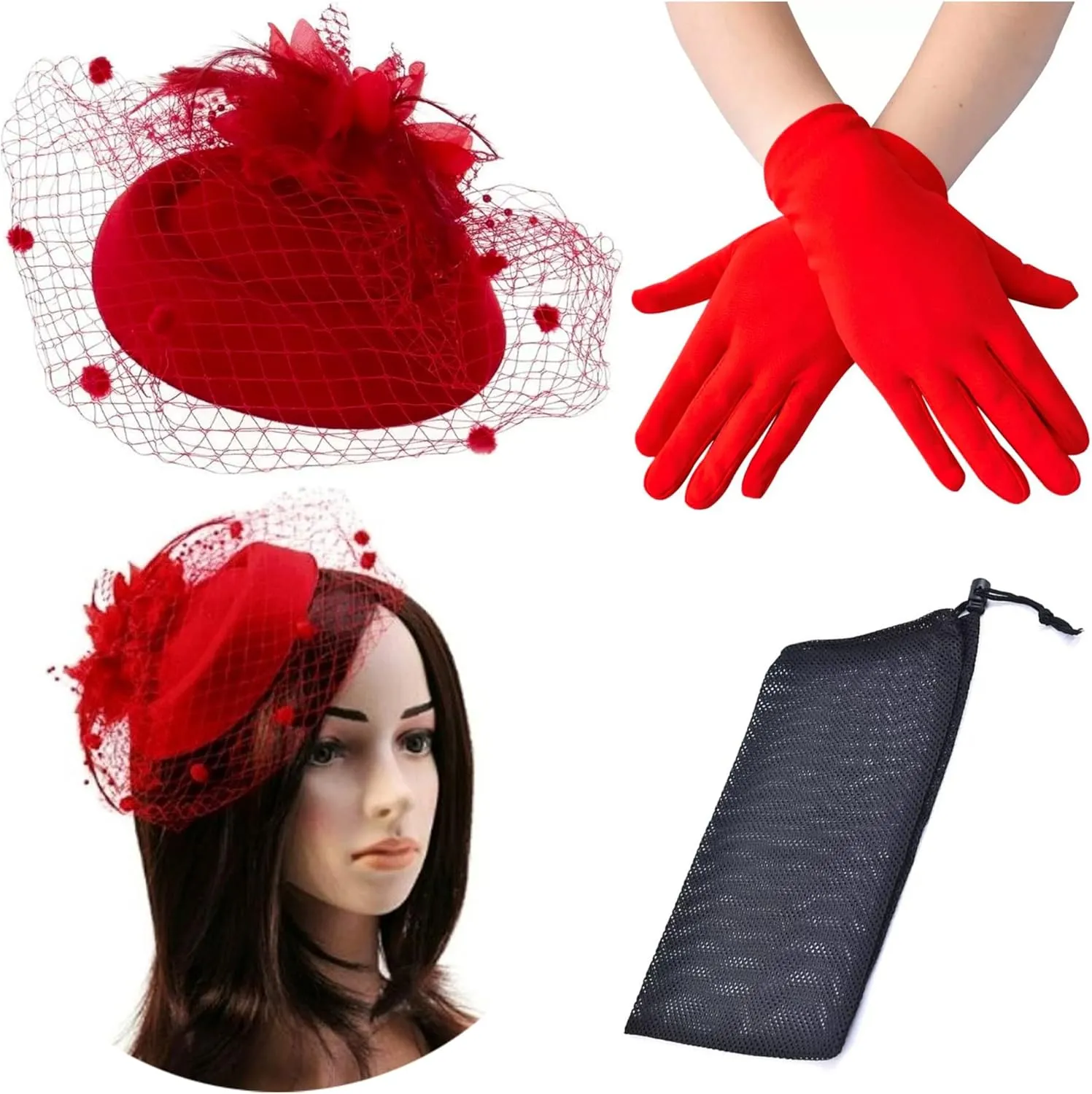 Fascinator Hat Flower Mesh Face Veil Feather Hair Clip for Women Tea Party Wedding Pillbox Headwear and Short Satin Gloves