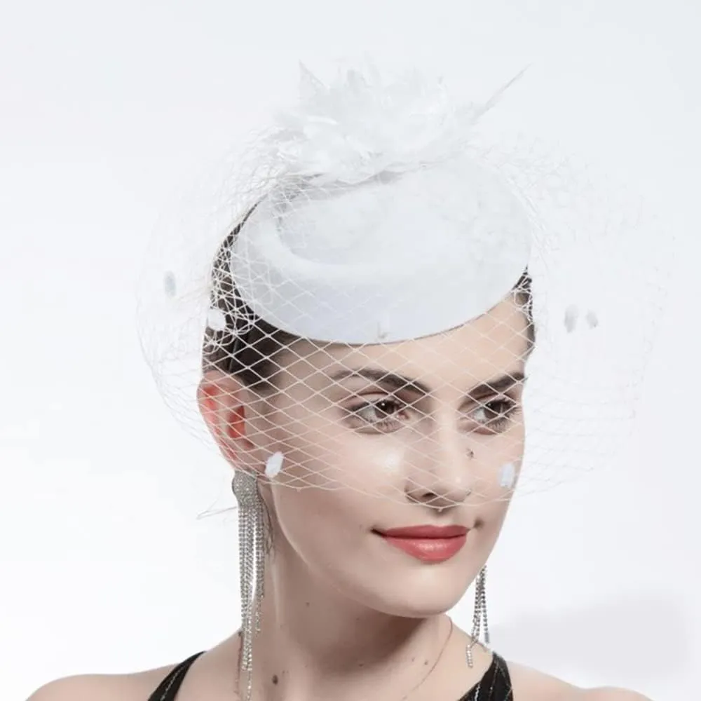 Fascinator Hat Flower Mesh Face Veil Feather Hair Clip for Women Tea Party Wedding Pillbox Headwear and Short Satin Gloves