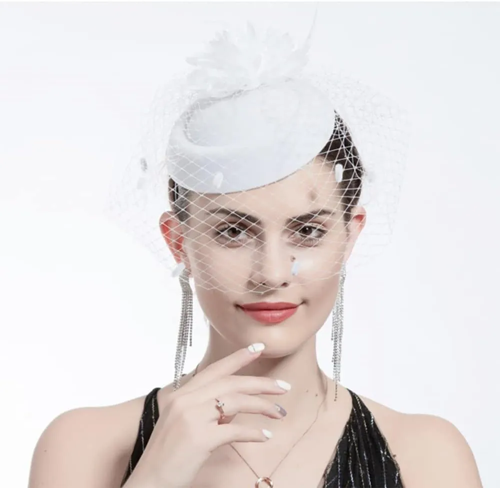 Fascinator Hat Flower Mesh Face Veil Feather Hair Clip for Women Tea Party Wedding Pillbox Headwear and Short Satin Gloves