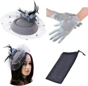 Fascinator Hat Flower Mesh Face Veil Feather Hair Clip for Women Tea Party Wedding Pillbox Headwear and Short Satin Gloves