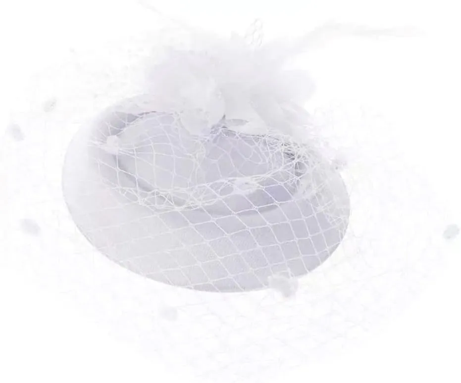 Fascinator Hat Flower Mesh Face Veil Feather Hair Clip for Women Tea Party Wedding Pillbox Headwear and Short Satin Gloves