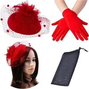 Fascinator Hat Flower Mesh Face Veil Feather Hair Clip for Women Tea Party Wedding Pillbox Headwear and Short Satin Gloves