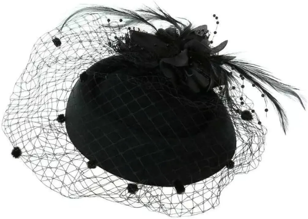 Fascinator Hat Flower Mesh Face Veil Feather Hair Clip for Women Tea Party Wedding Pillbox Headwear and Short Satin Gloves