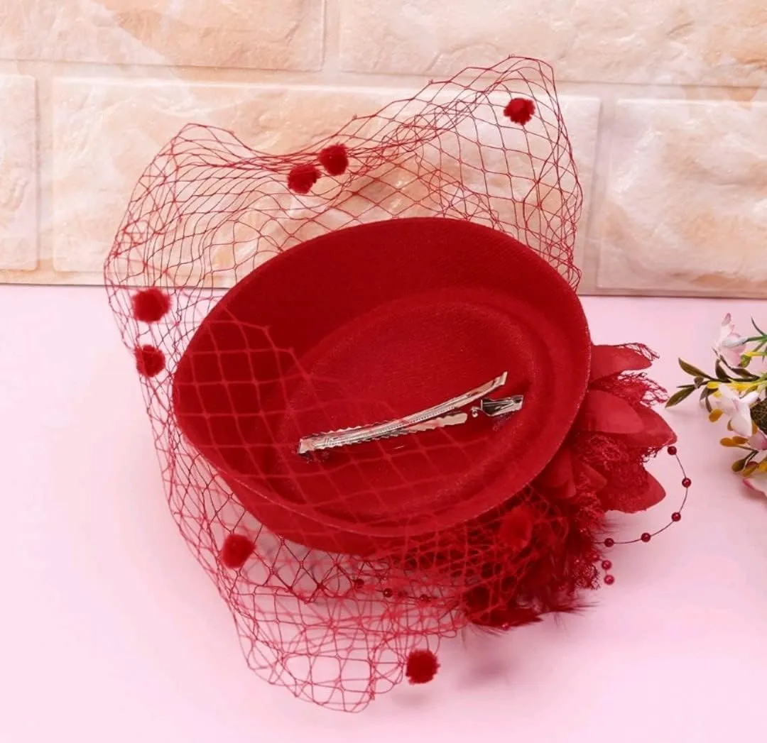 Fascinator Hat Flower Mesh Face Veil Feather Hair Clip for Women Tea Party Wedding Pillbox Headwear and Short Satin Gloves