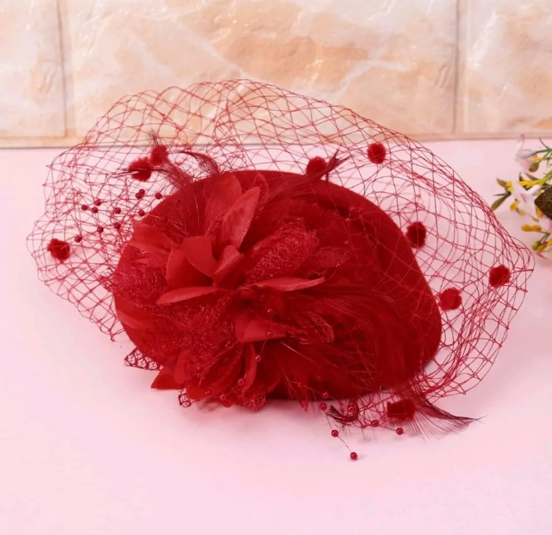 Fascinator Hat Flower Mesh Face Veil Feather Hair Clip for Women Tea Party Wedding Pillbox Headwear and Short Satin Gloves