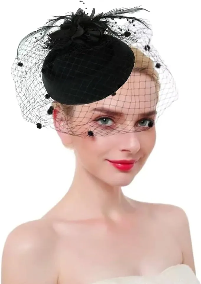Fascinator Hat Flower Mesh Face Veil Feather Hair Clip for Women Tea Party Wedding Pillbox Headwear and Short Satin Gloves