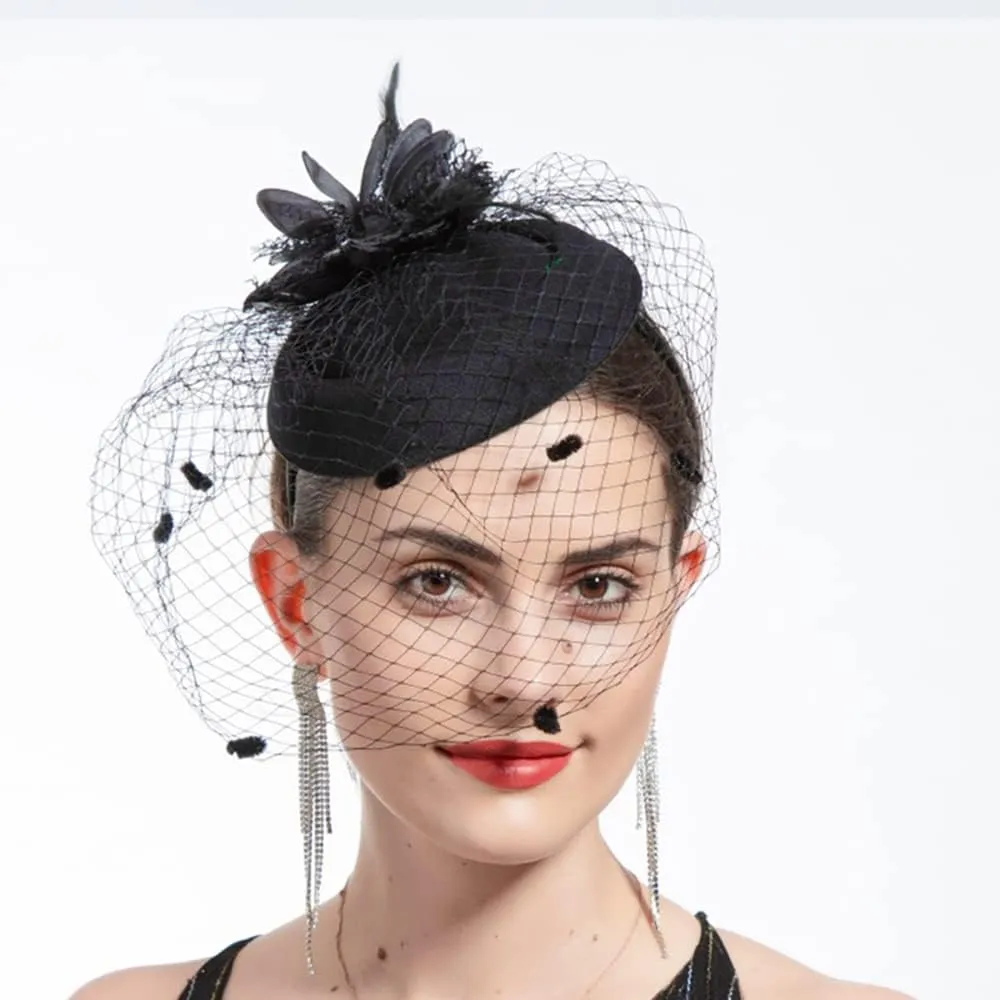 Fascinator Hat Flower Mesh Face Veil Feather Hair Clip for Women Tea Party Wedding Pillbox Headwear and Short Satin Gloves