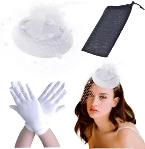 Fascinator Hat Flower Mesh Face Veil Feather Hair Clip for Women Tea Party Wedding Pillbox Headwear and Short Satin Gloves