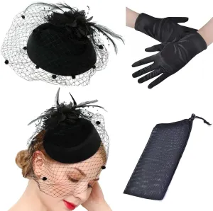 Fascinator Hat Flower Mesh Face Veil Feather Hair Clip for Women Tea Party Wedding Pillbox Headwear and Short Satin Gloves