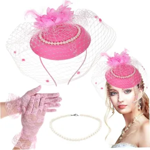 Fascinator Hat Gloves and Pearl Necklace Set for Women Vintage Tea Party Accessories 1920s Style