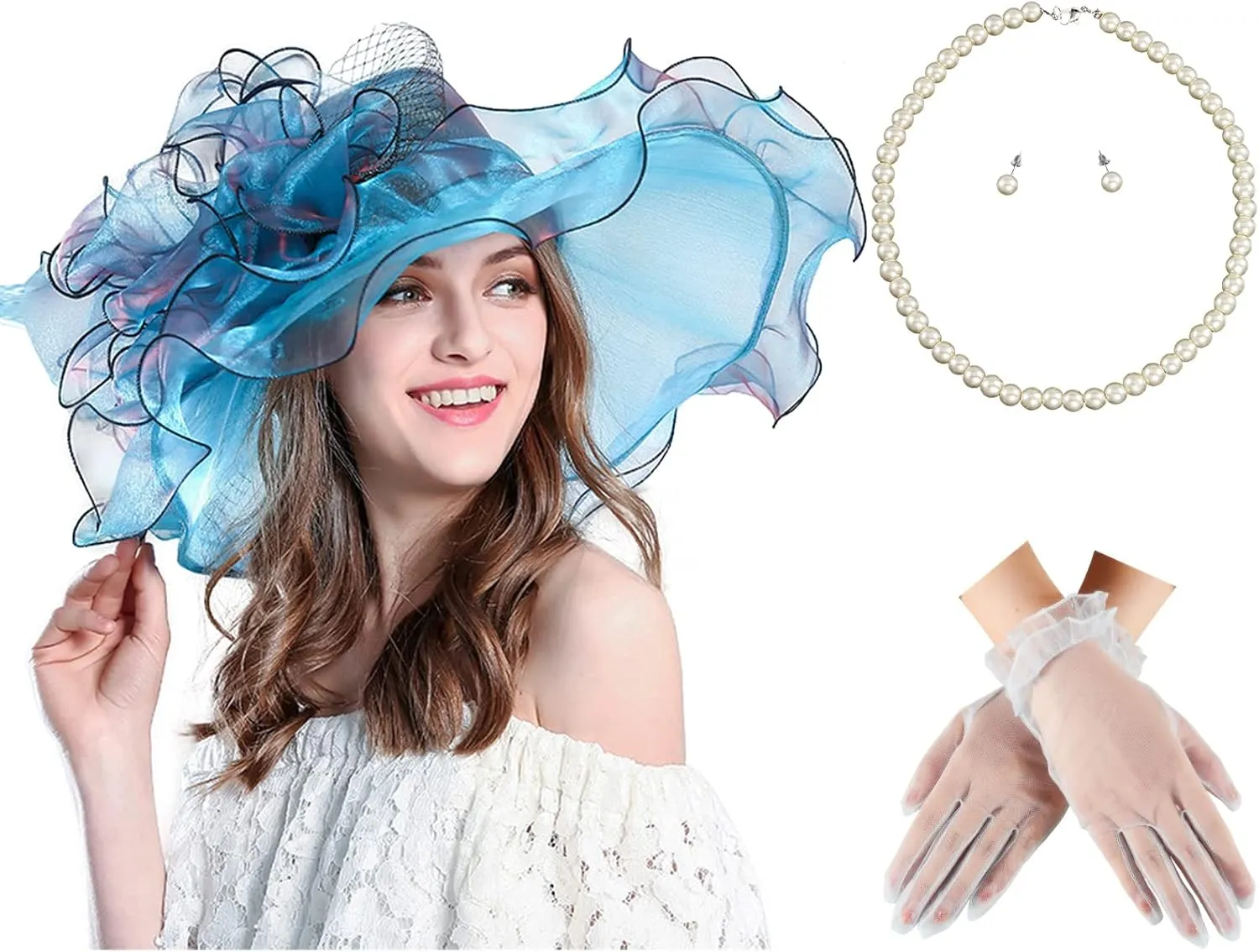 Fascinator Hats for Women Tea Party Hats and Gloves Pearl Jewelry Set Derby Hat for Cocktail Wedding