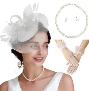 Fascinator Hats for Women Tea Party Hats and Gloves Pearl Jewelry Set Derby Hat for Cocktail Wedding