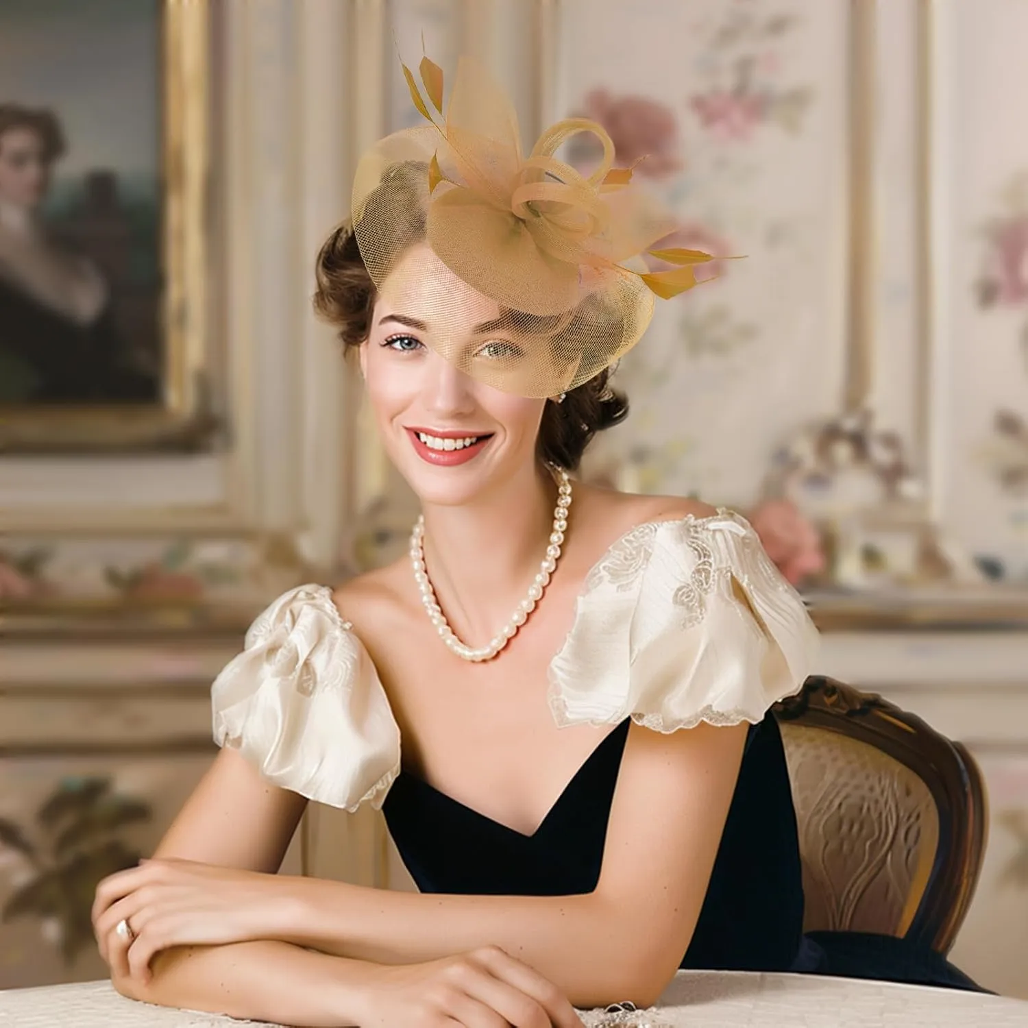 Fascinator Hats for Women Tea Party Hats and Gloves Pearl Jewelry Set Derby Hat for Cocktail Wedding