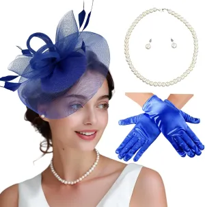 Fascinator Hats for Women Tea Party Hats and Gloves Pearl Jewelry Set Derby Hat for Cocktail Wedding