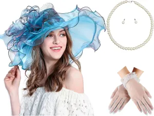 Fascinator Hats for Women Tea Party Hats and Gloves Pearl Jewelry Set Derby Hat for Cocktail Wedding