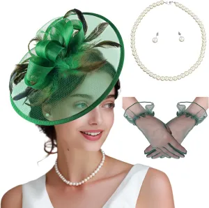 Fascinator Hats for Women Tea Party Hats and Gloves Pearl Jewelry Set Derby Hat for Cocktail Wedding