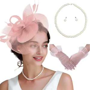Fascinator Hats for Women Tea Party Hats and Gloves Pearl Jewelry Set Derby Hat for Cocktail Wedding