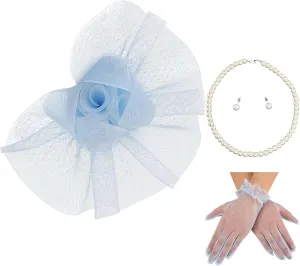 Fascinator Hats for Women Tea Party Hats and Gloves Pearl Jewelry Set Derby Hat for Cocktail Wedding