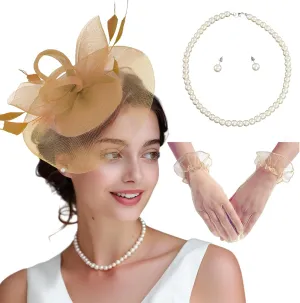 Fascinator Hats for Women Tea Party Hats and Gloves Pearl Jewelry Set Derby Hat for Cocktail Wedding