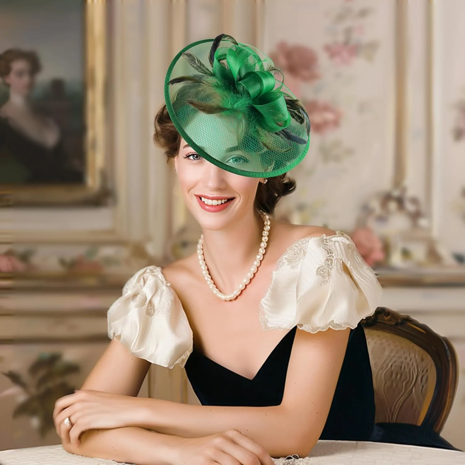 Fascinator Hats for Women Tea Party Hats and Gloves Pearl Jewelry Set Derby Hat for Cocktail Wedding
