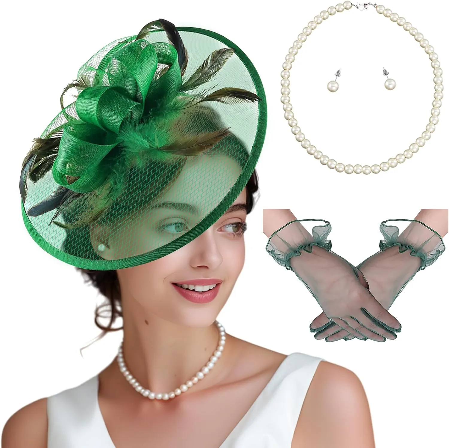 Fascinator Hats for Women Tea Party Hats and Gloves Pearl Jewelry Set Derby Hat for Cocktail Wedding