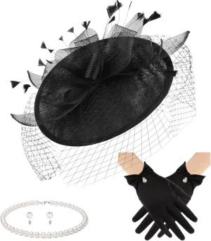 Fascinator Hats for Women Tea Party Hats and Gloves Pearl Jewelry Set Derby Hat for Cocktail Wedding